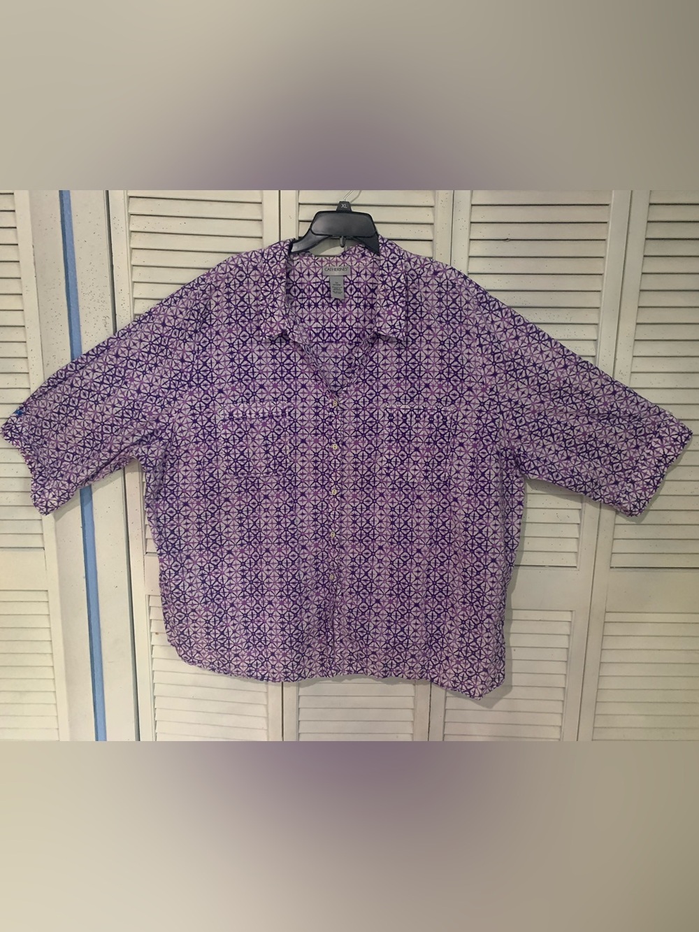Catherines Purple Printed Short-Sleeve Button-Up Shirt 3/4 Sleeves 5X 34/36W